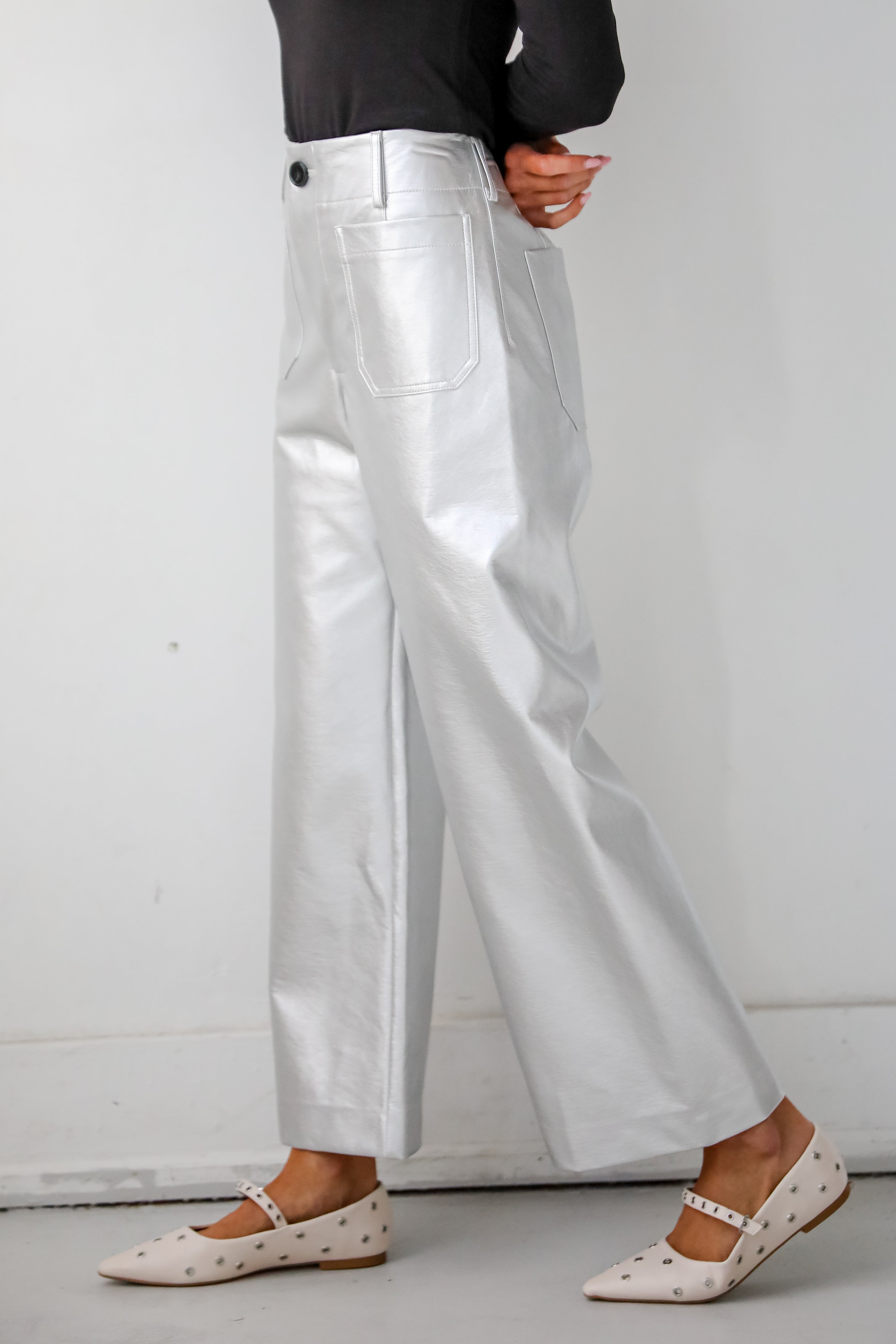 Chicest Trend Silver Metallic Leather Wide Leg Pants