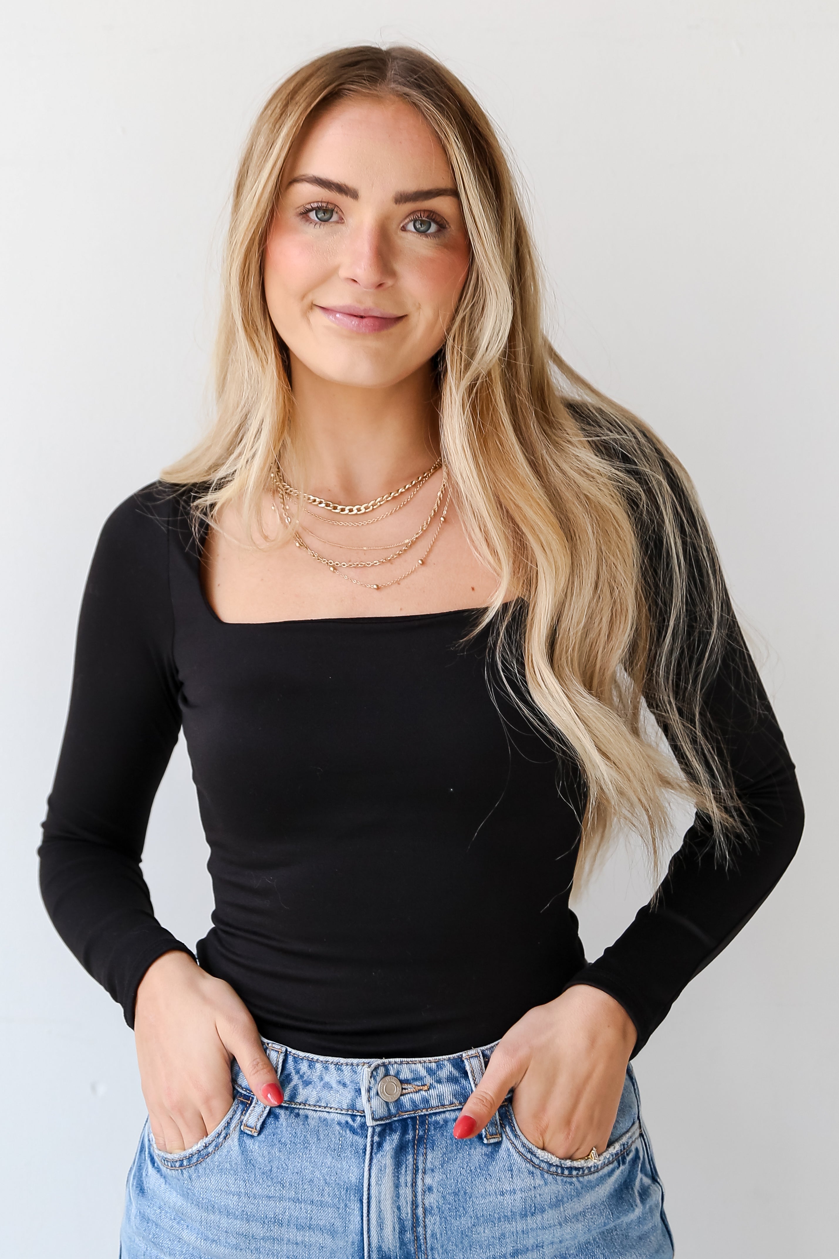 black long sleeve Square Neck Bodysuit