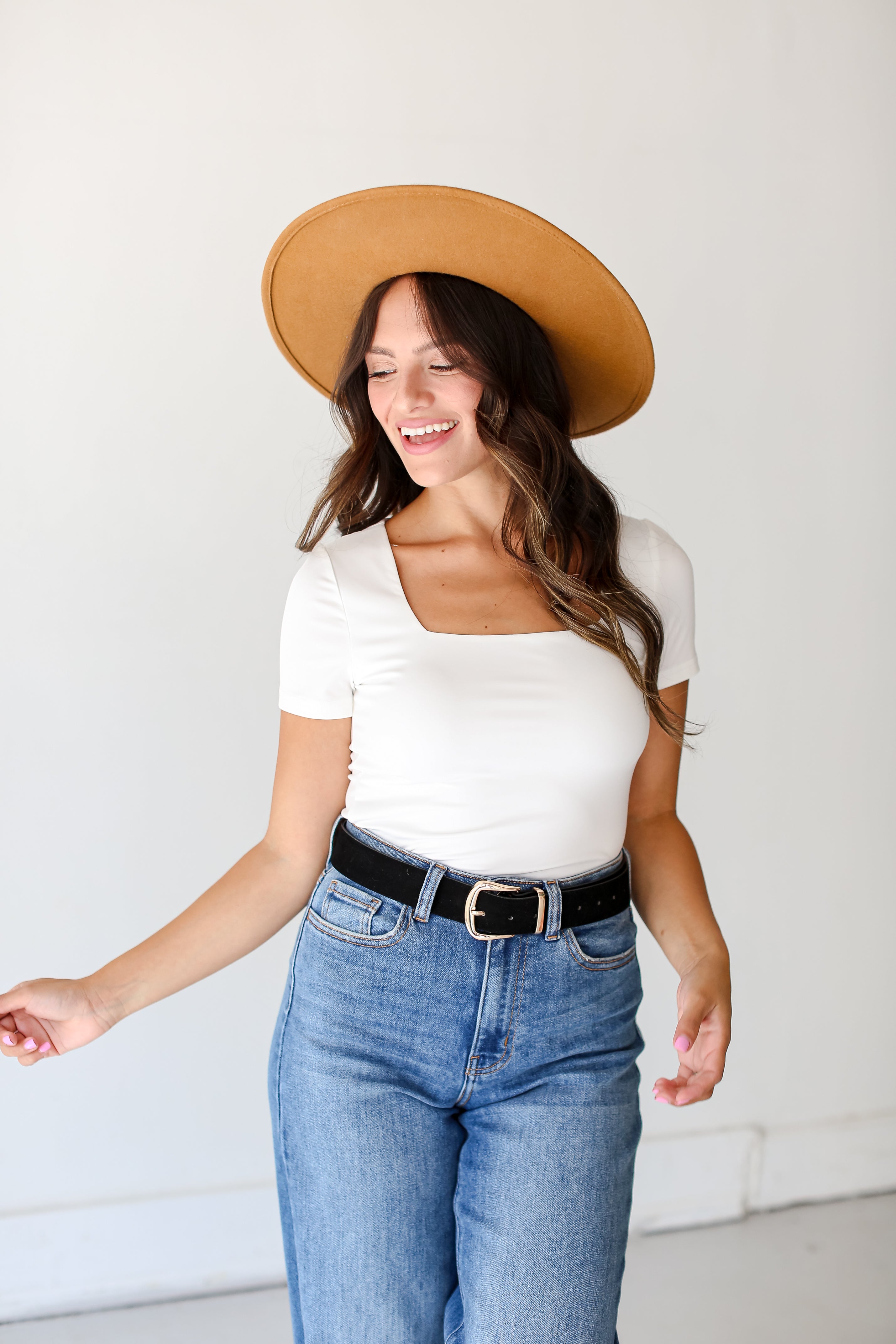 white Square Neck Short Sleeve Bodysuit front view