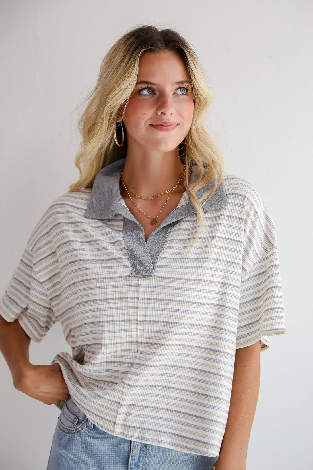 Simple Vibes White Striped Collared Top