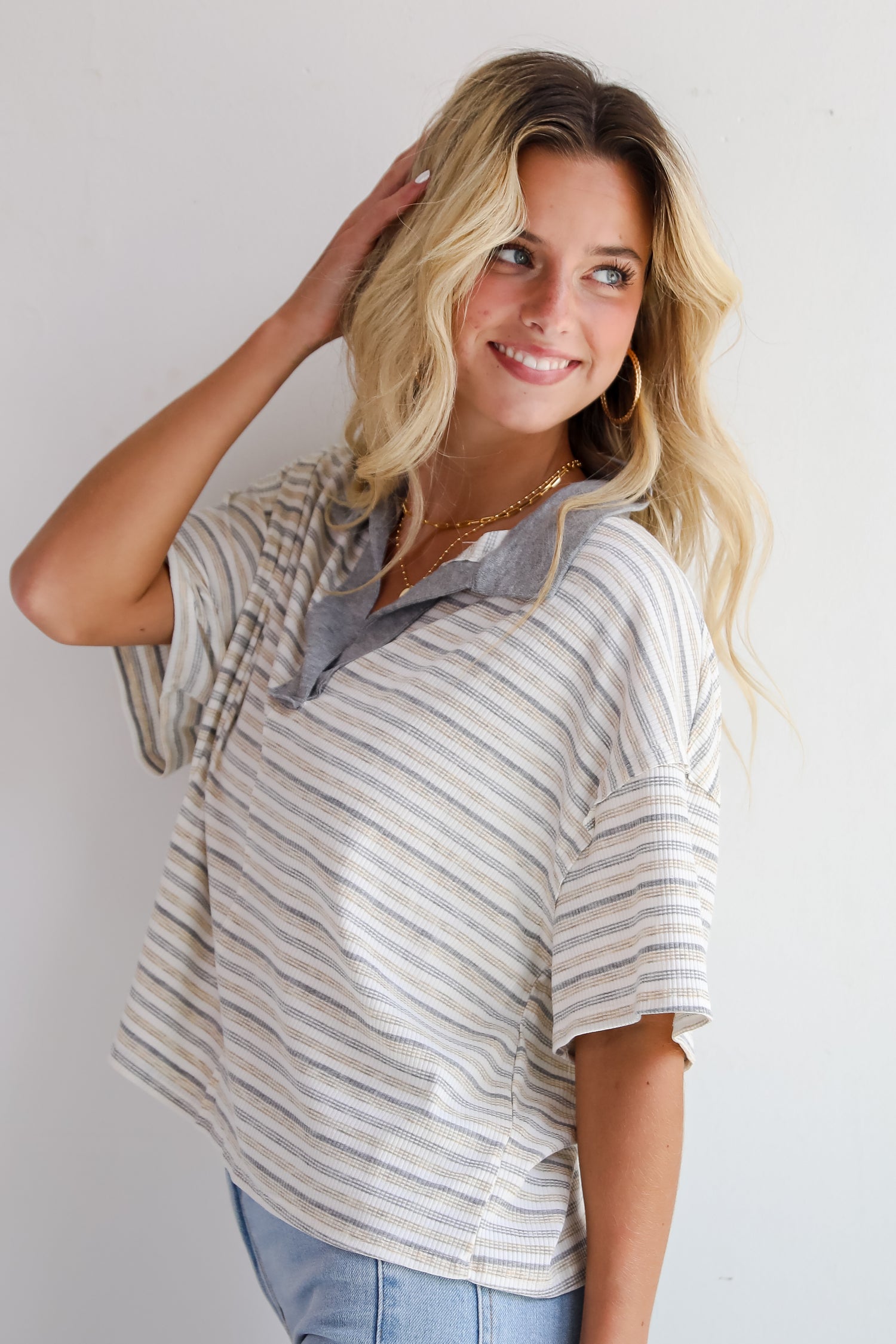 Simple Vibes White Striped Collared Top