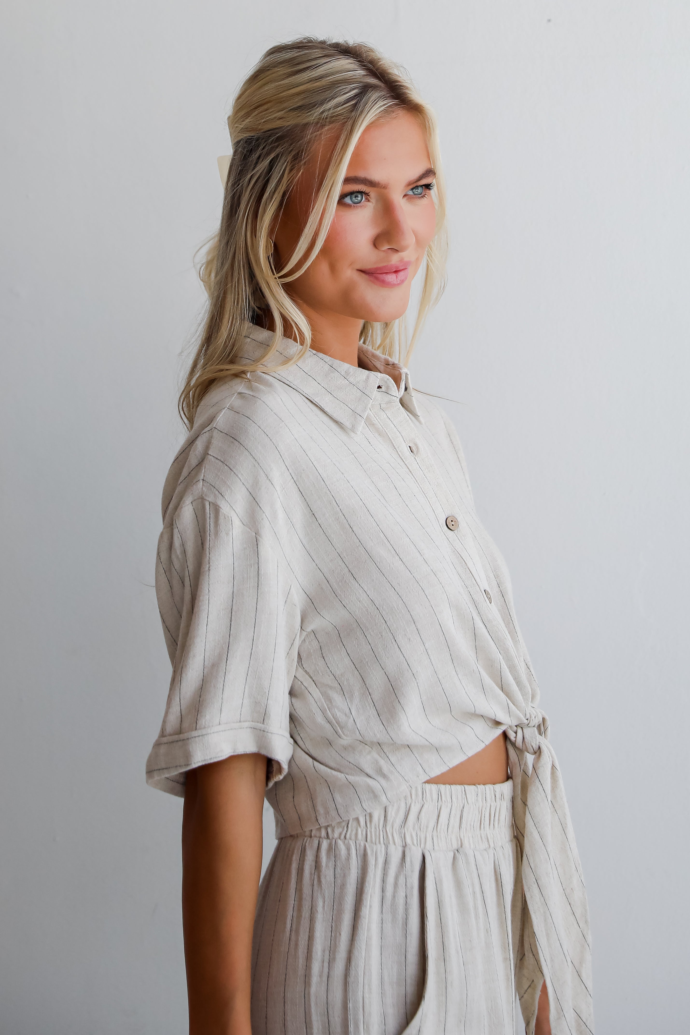 Moment Maker Striped Linen Tie-Front Blouse