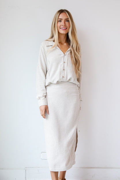 Linen Striped Midi Skirt with slit