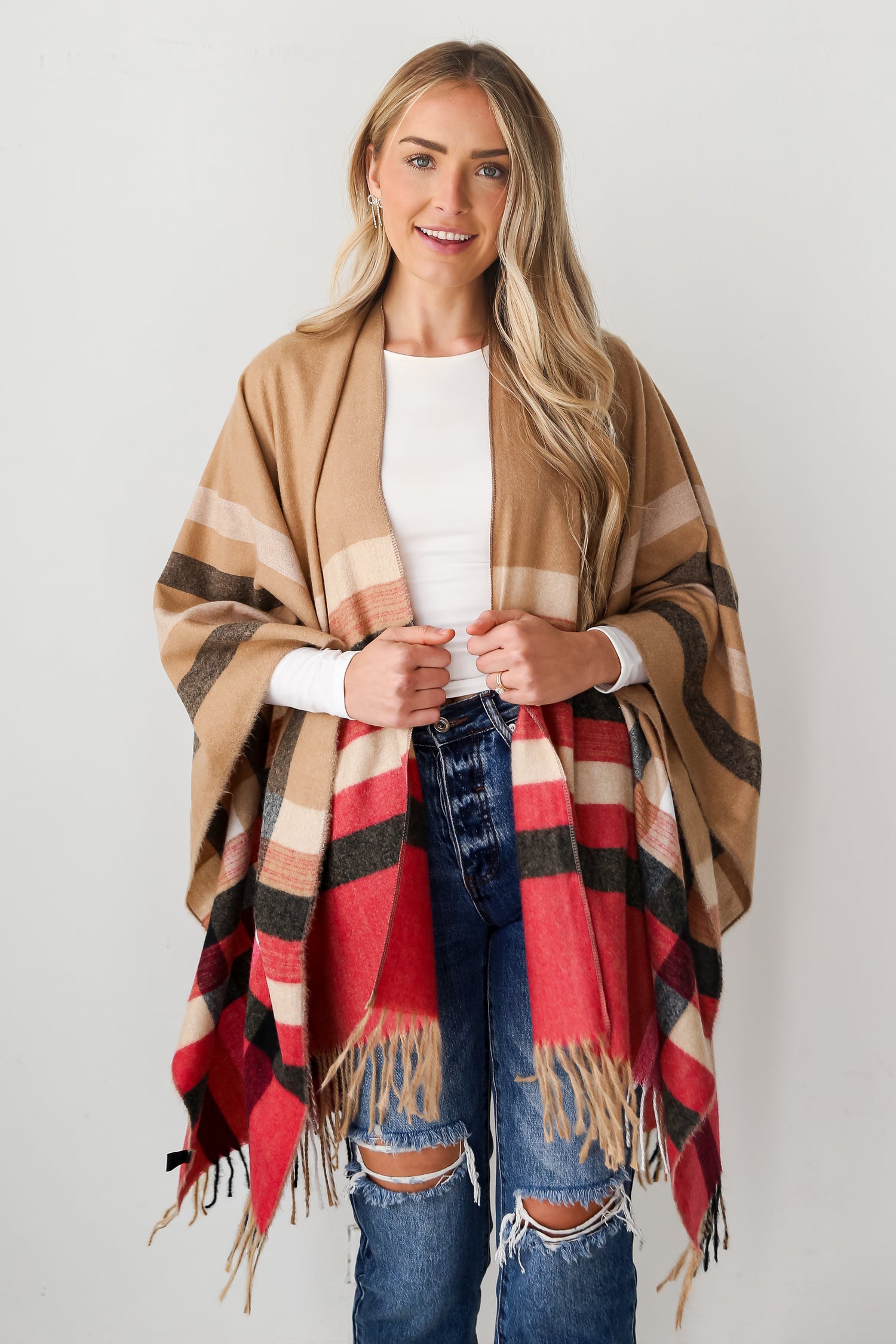 Beige Plaid Fringe Shawl front view