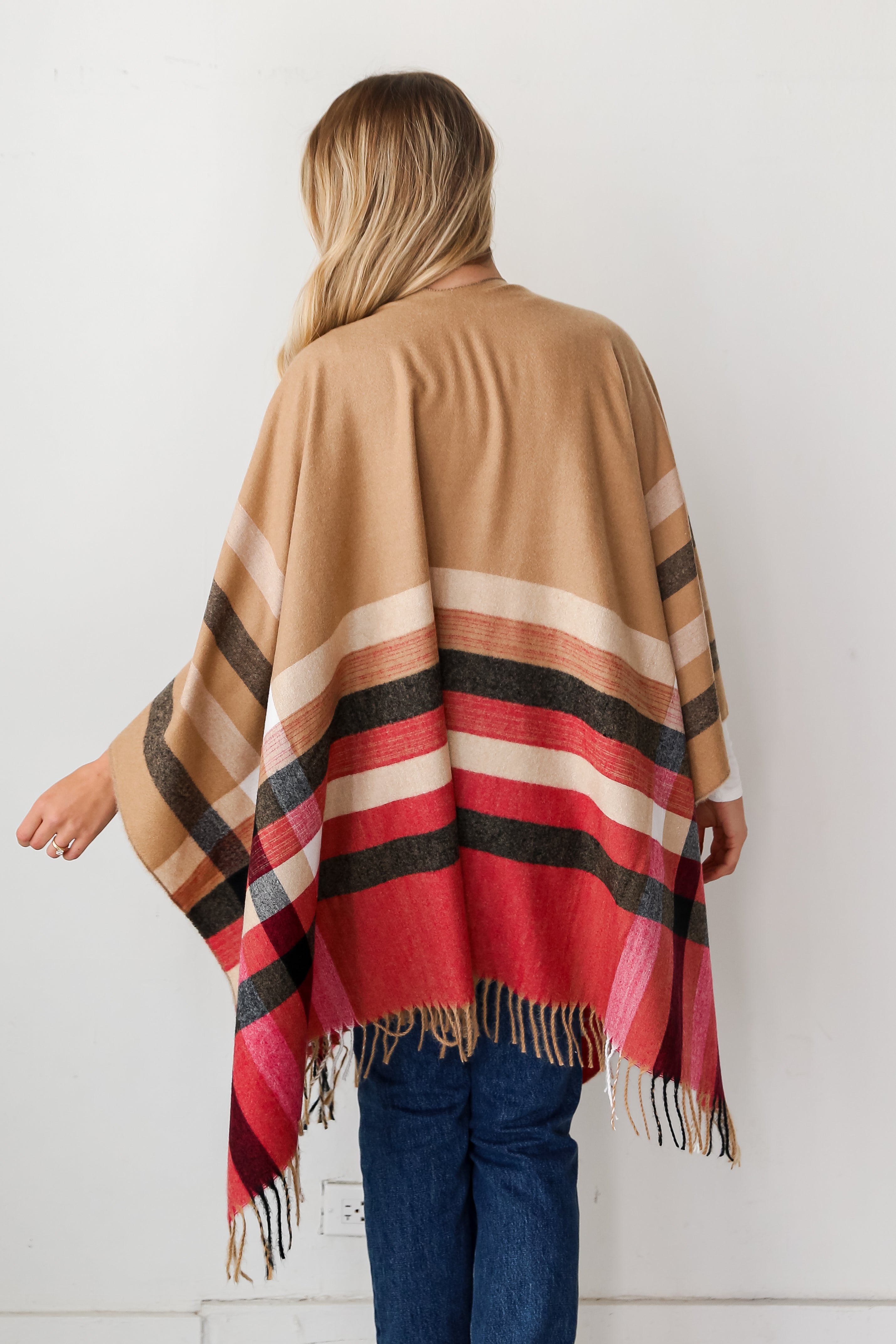 Beige Plaid Fringe Shawl back view