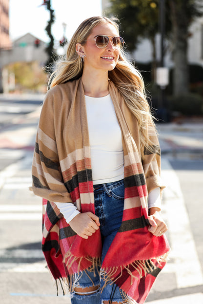 Beige Plaid Fringe Shawl