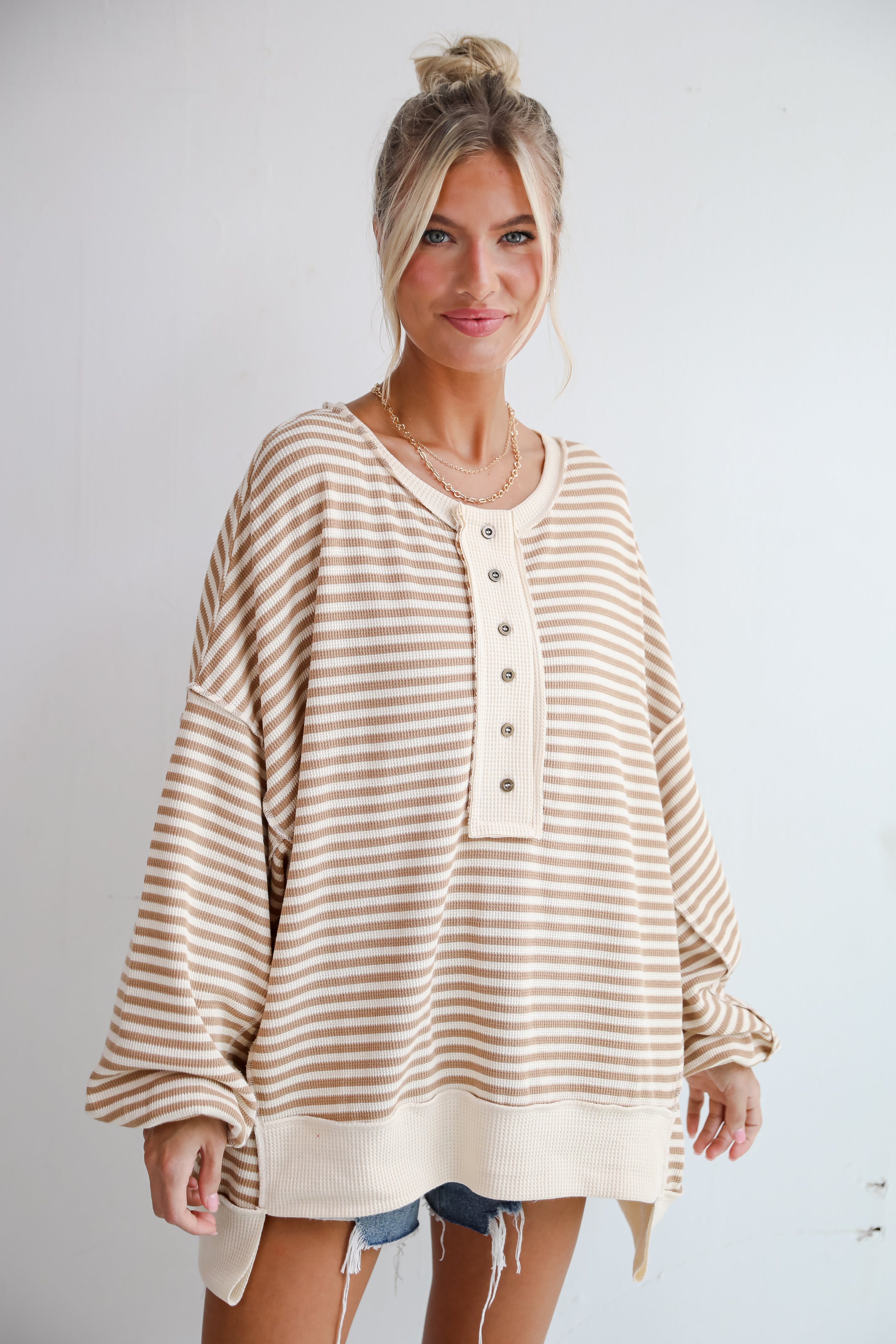 Enviably Cozy Cream Striped Oversized Waffle Knit Top