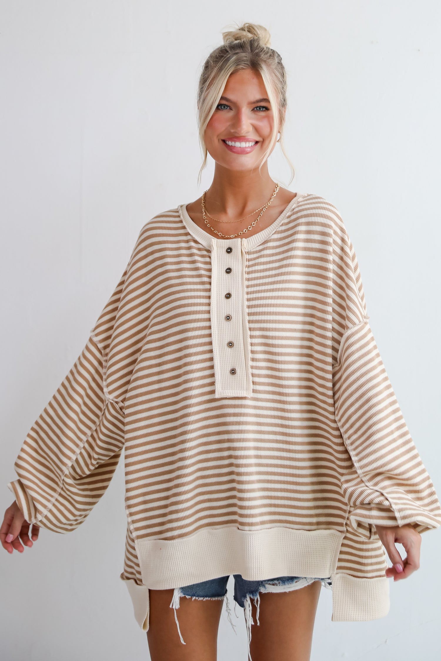 Enviably Cozy Cream Striped Oversized Waffle Knit Top