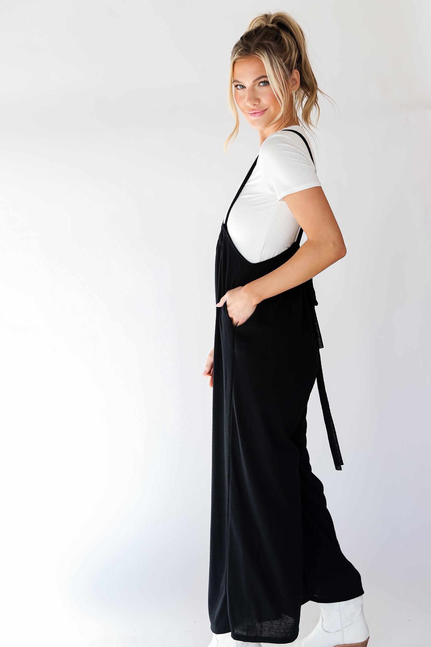 black wide leg Suspender Jumpsuit