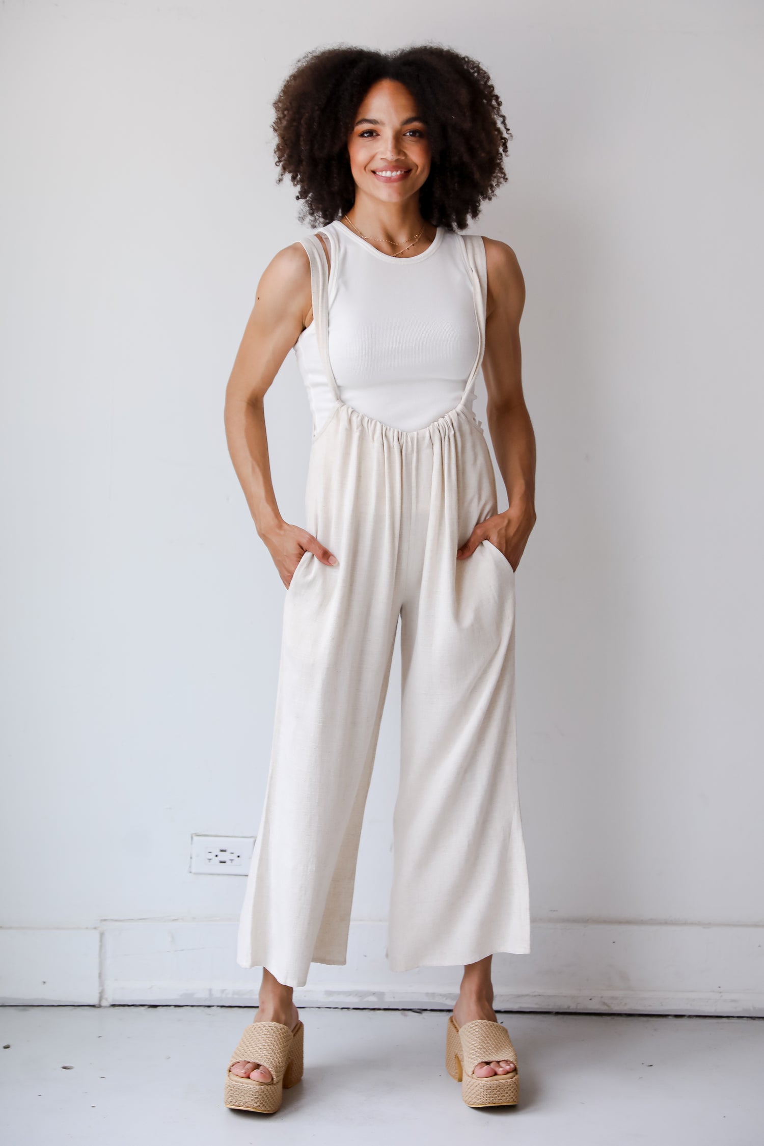 tan Linen Suspender Jumpsuit