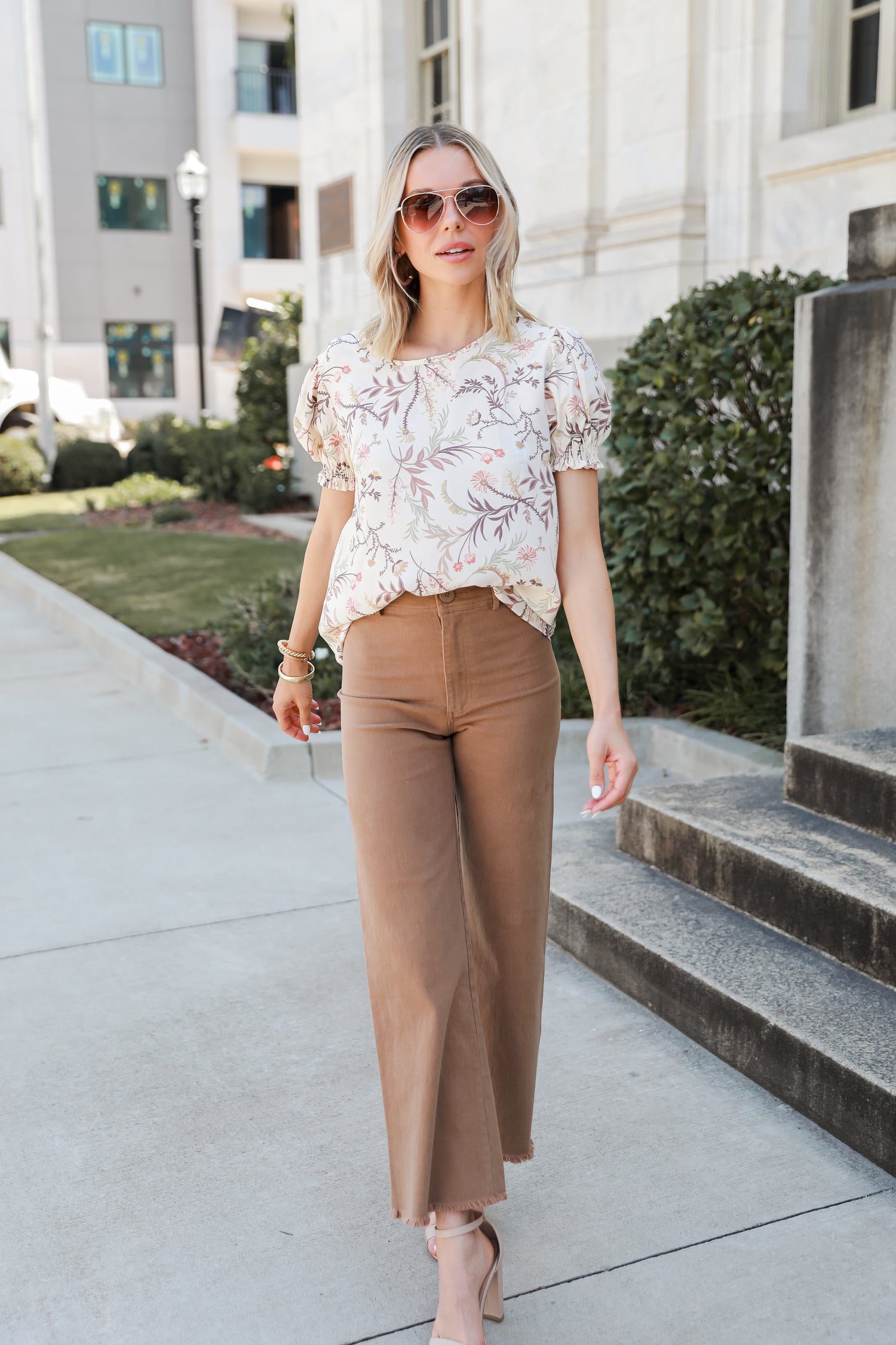 tan Wide Leg Jeans on model