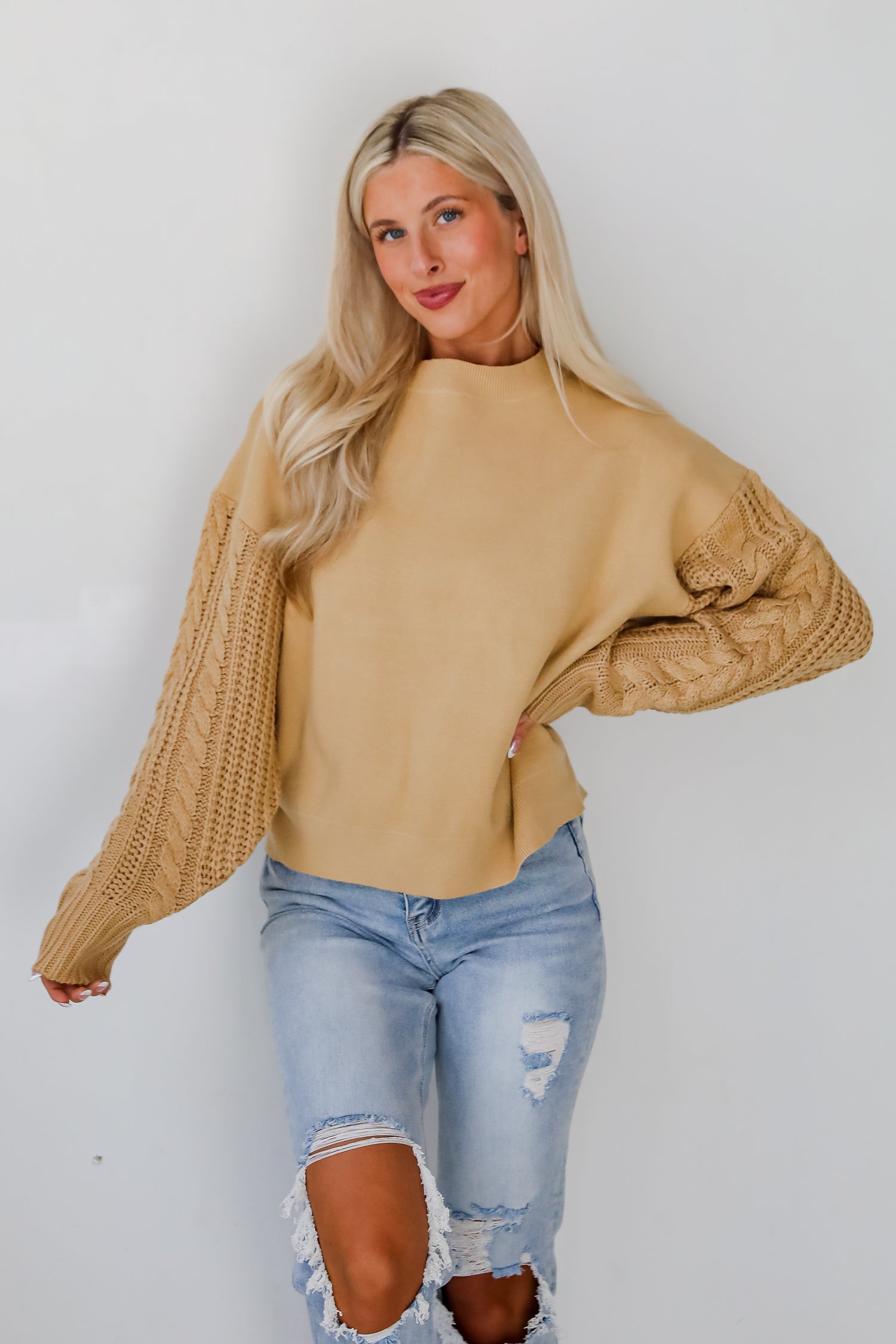 Cabin Cues Taupe Cable Knit Sleeve Sweater