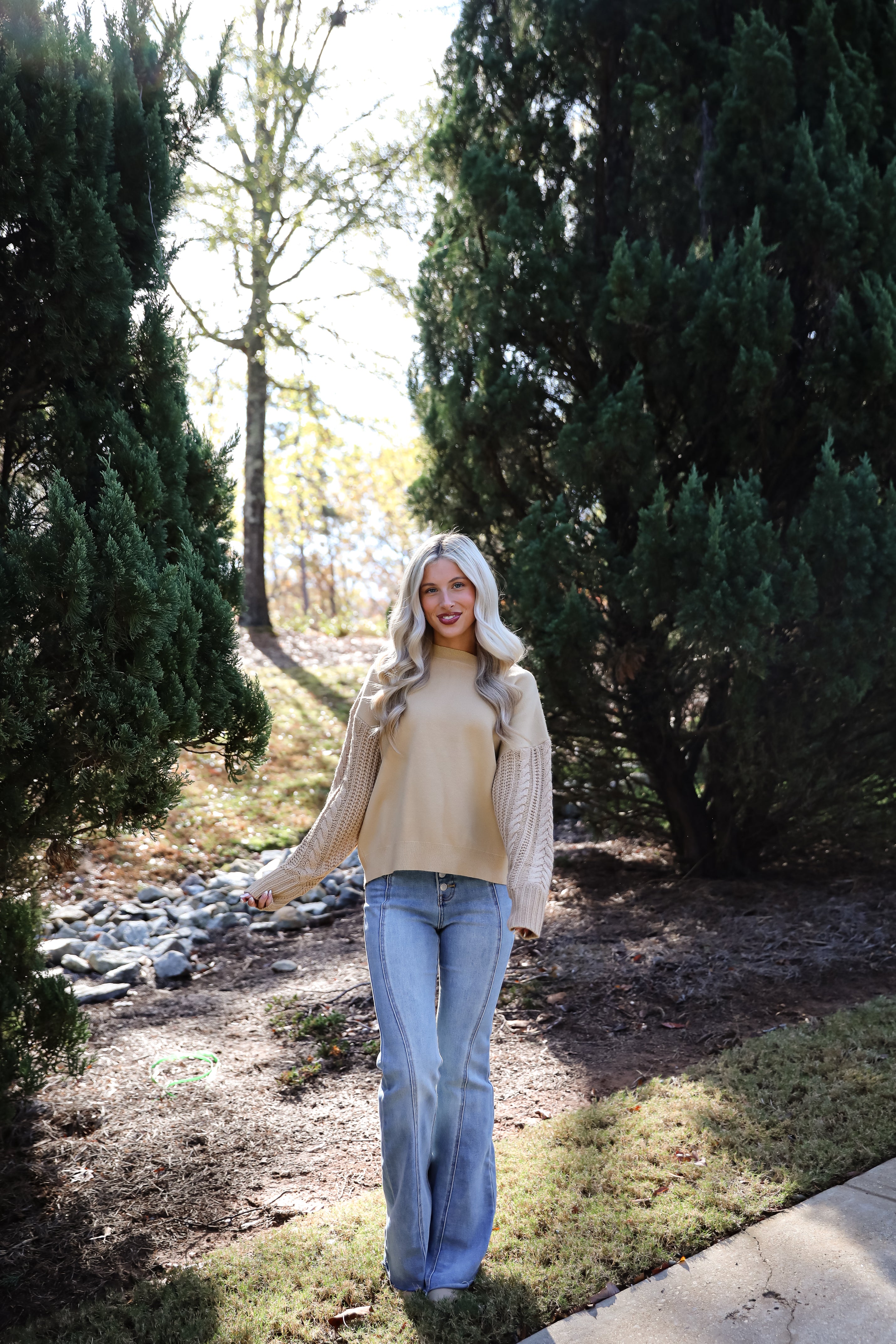 Cabin Cues Taupe Cable Knit Sleeve Sweater