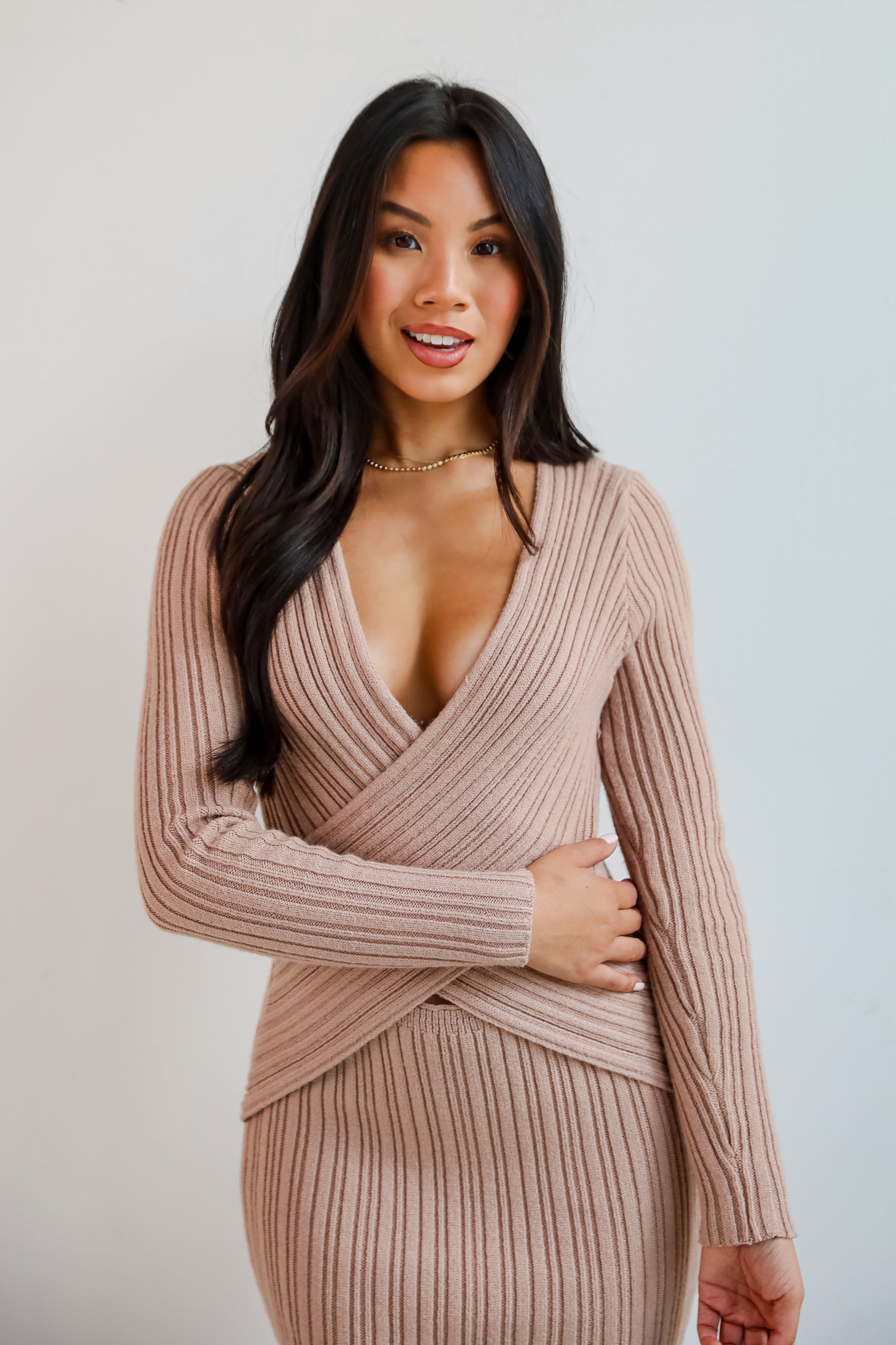 Intriguing Demeanor Taupe Criss-Cross Sweater Midi Dress