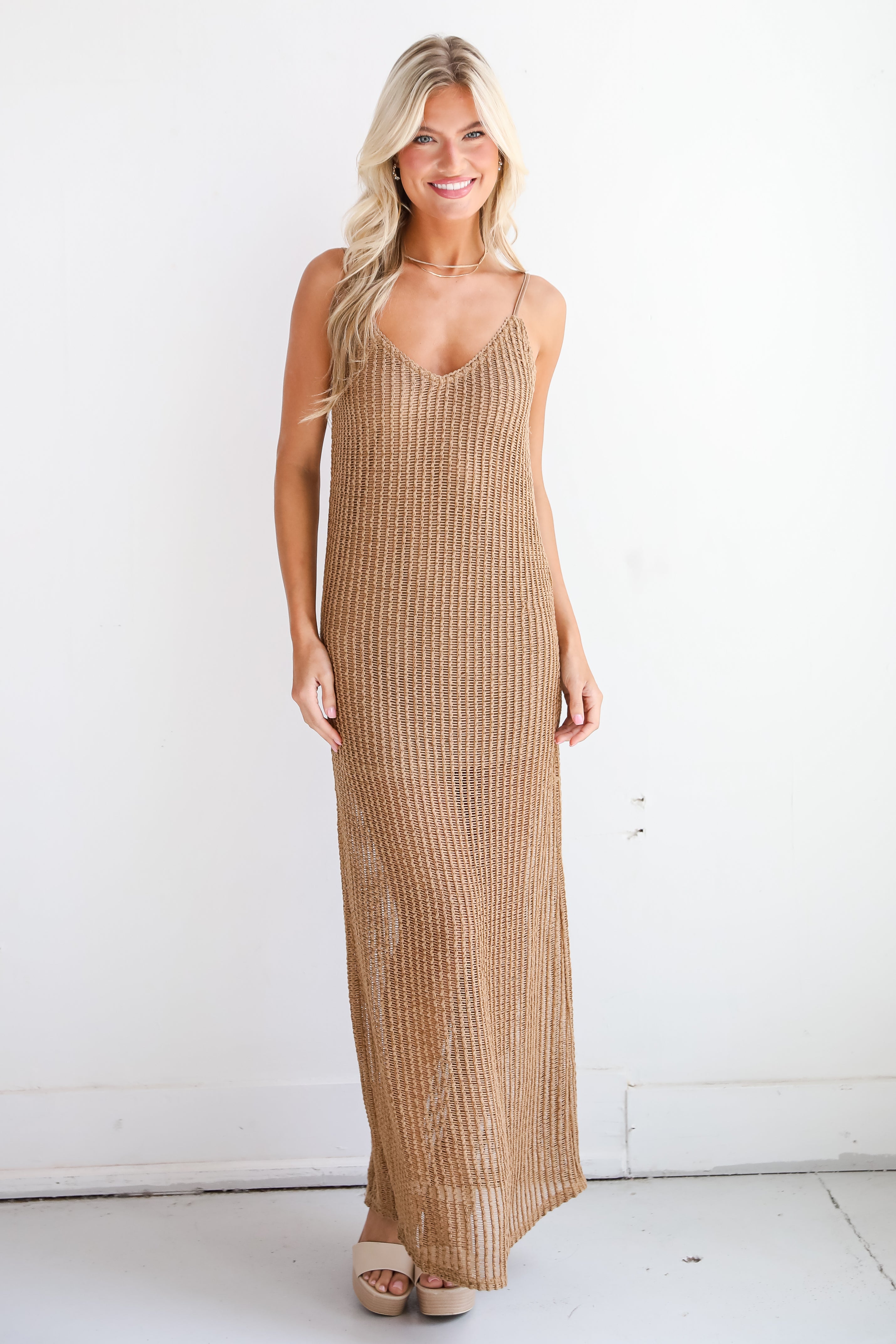 Compelling Style Taupe Crochet Knit Maxi Dress