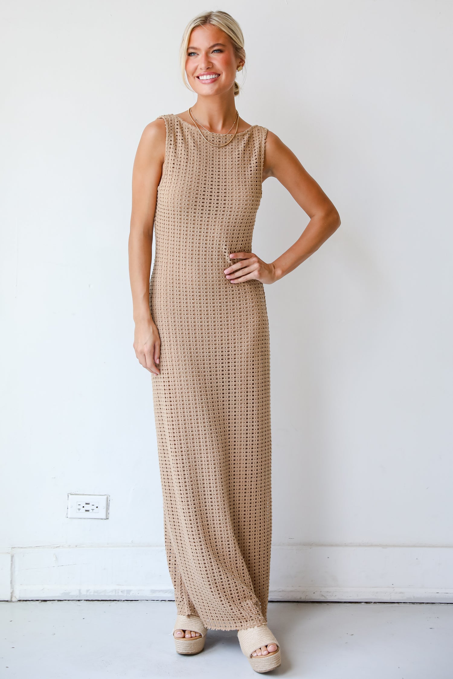 Infinite Sunshine Taupe Crochet Knit Maxi Dress