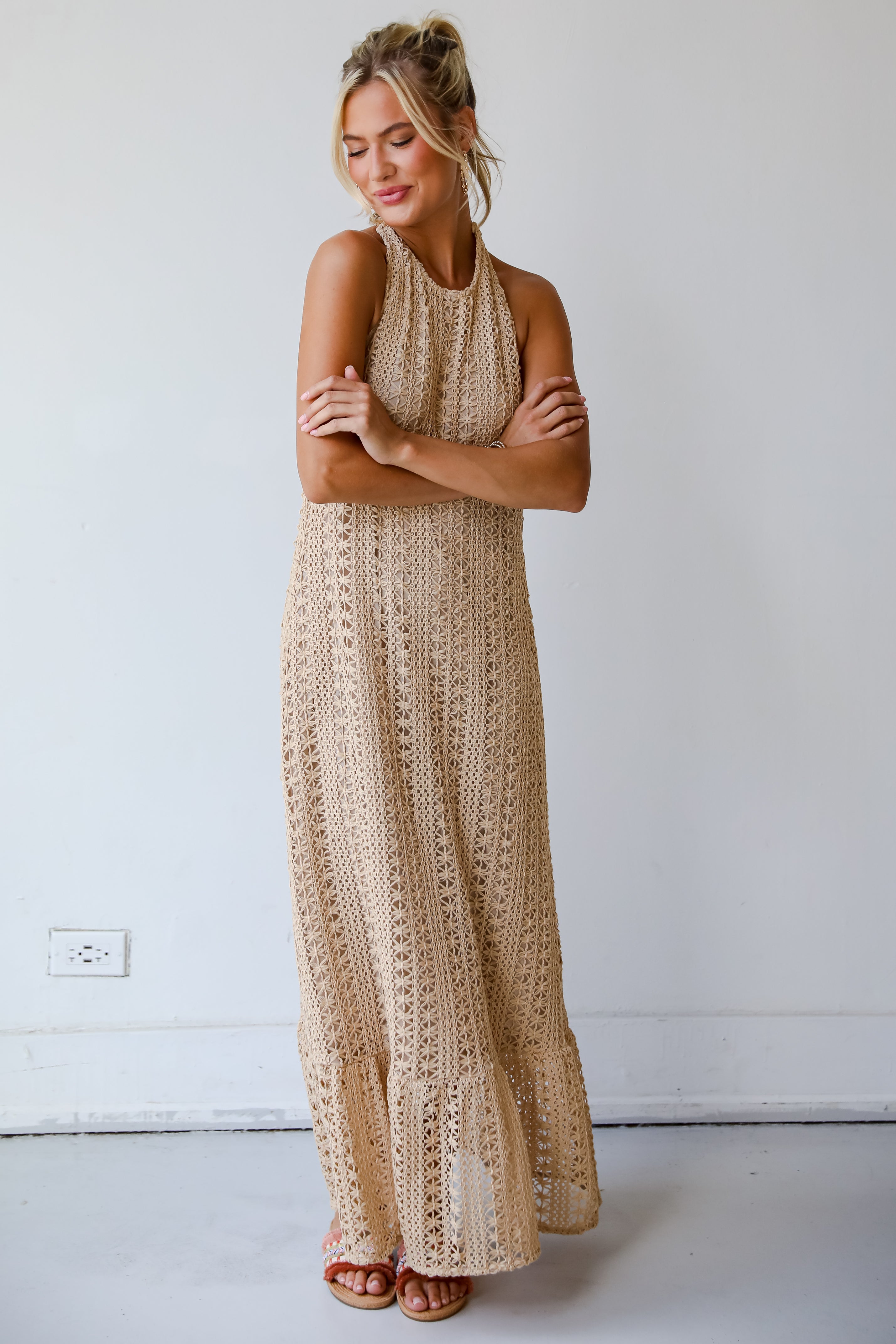 Divine Intentions Taupe Crochet Knit Halter Maxi Dress