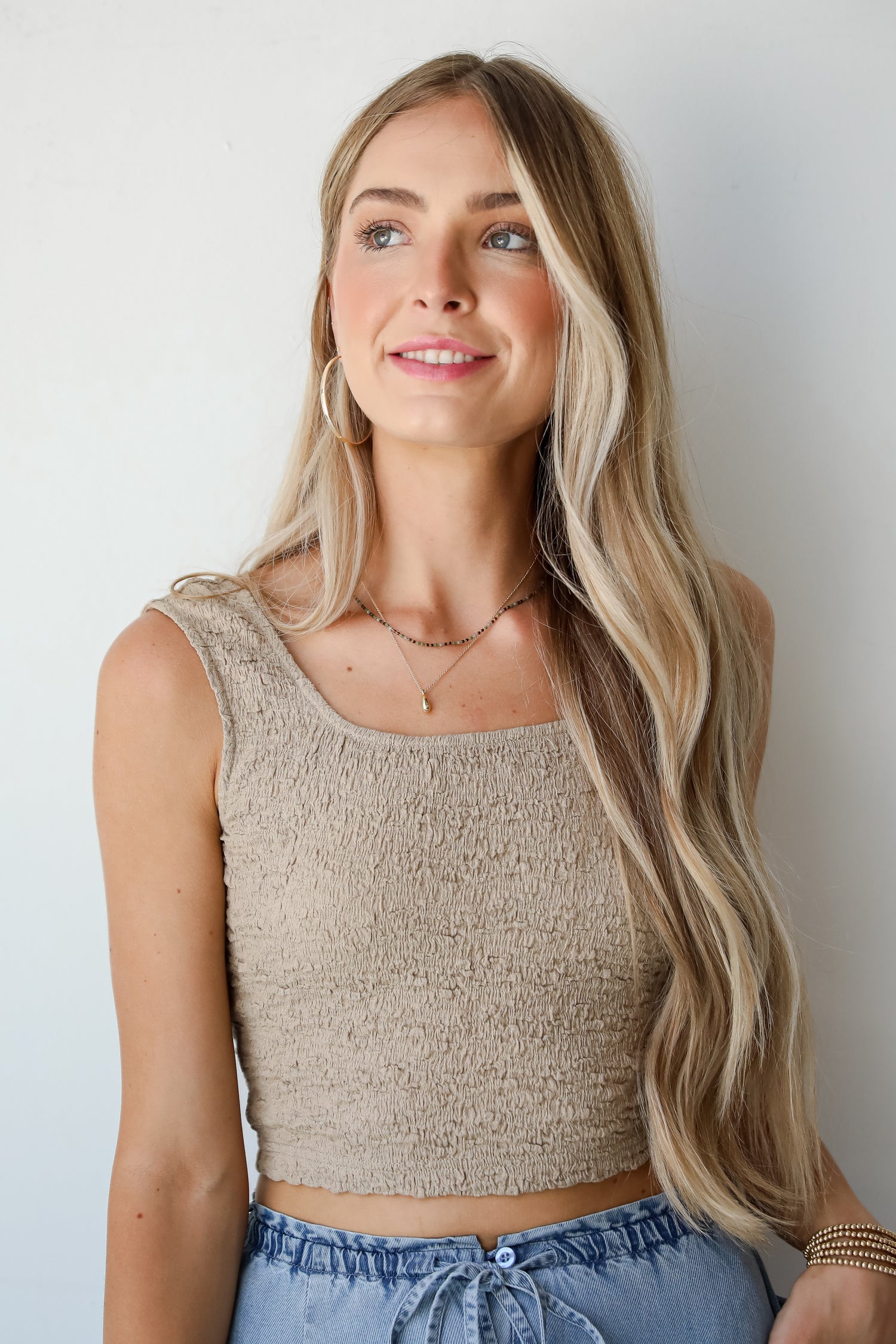 Intentionally Chic Taupe Smocked Cropped Tank