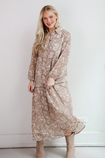 Impactful Elegance Taupe Floral Maxi Dress