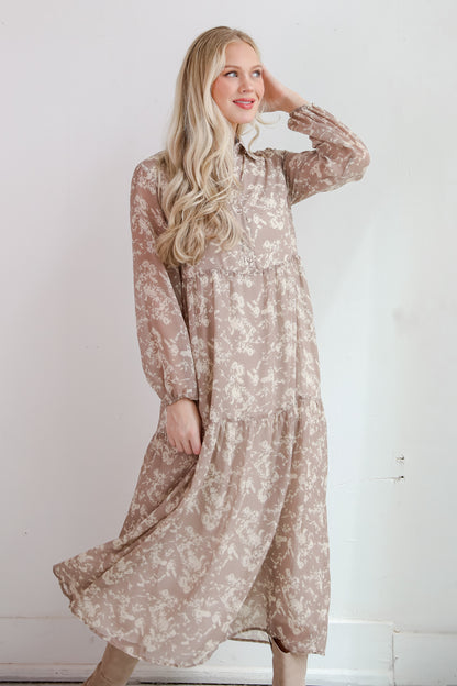 Impactful Elegance Taupe Floral Maxi Dress