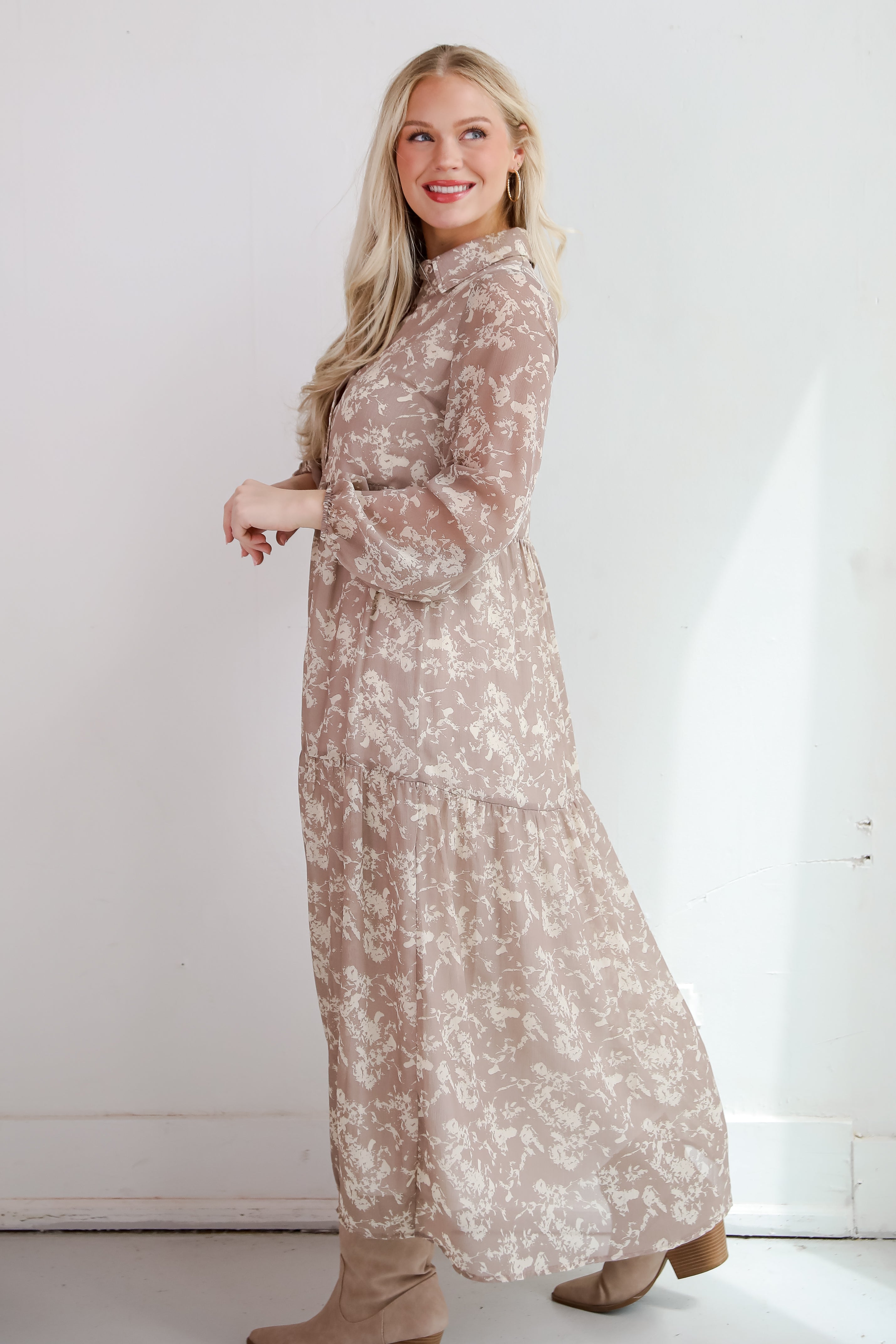 Impactful Elegance Taupe Floral Maxi Dress