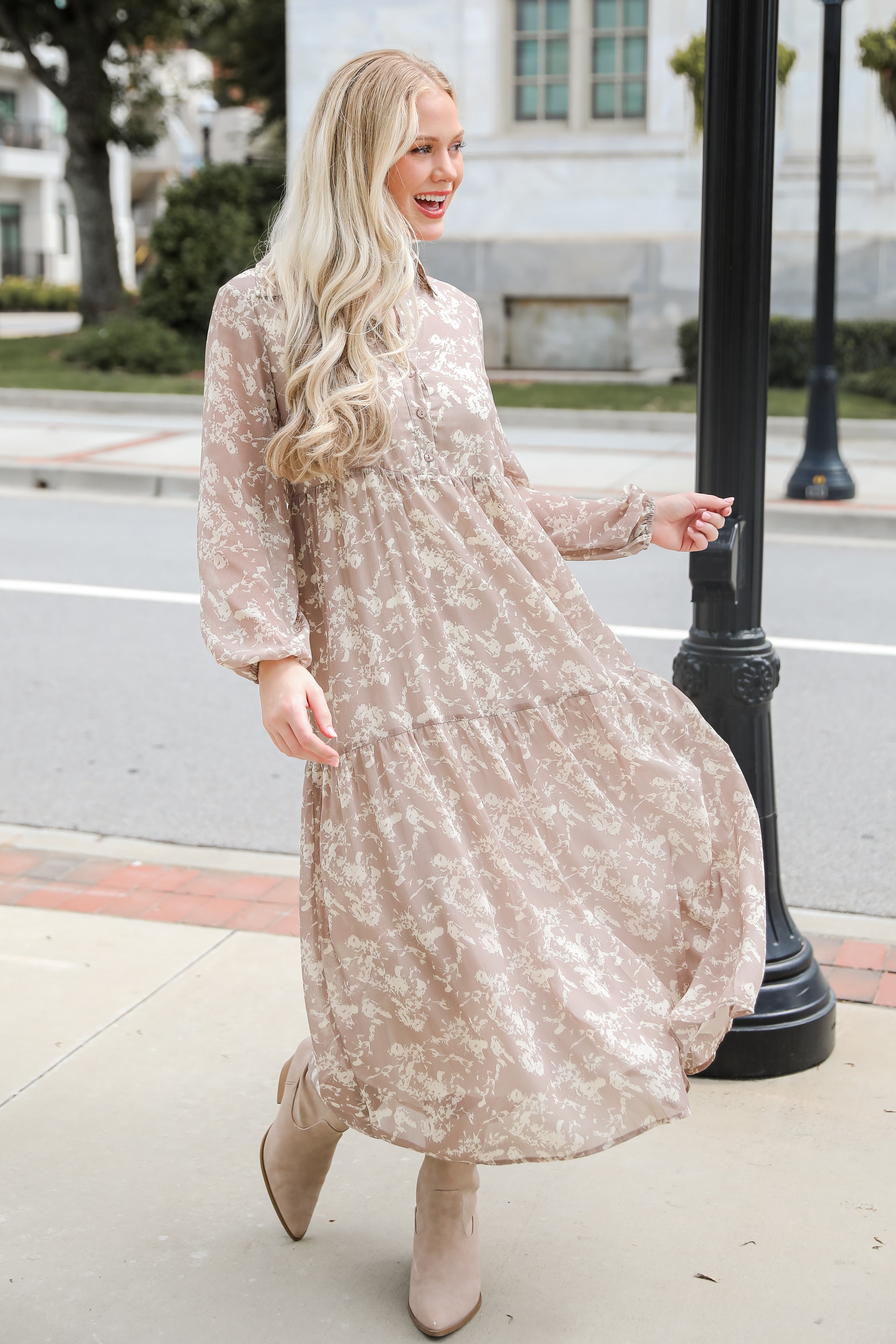 Impactful Elegance Taupe Floral Maxi Dress