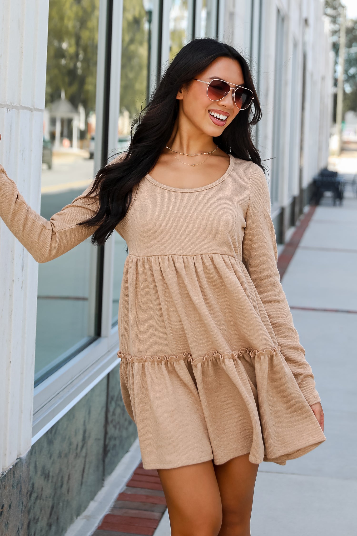 Adorable Promise Taupe Knit Babydoll Mini Dress