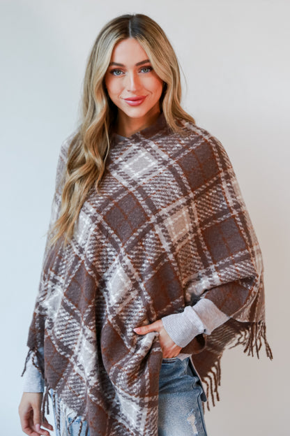 cute Taupe Plaid Fringe Poncho