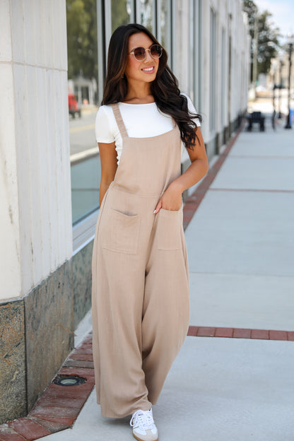 Charm And Poise Taupe Linen Jumpsuit