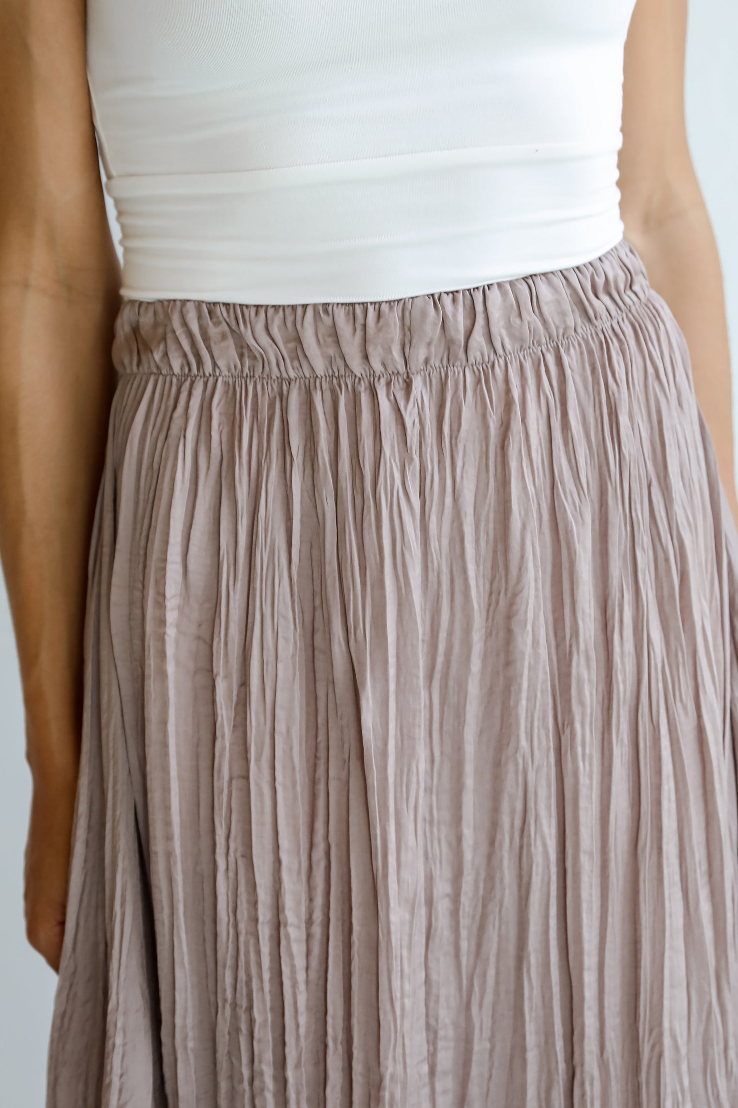 high rise Taupe Satin Midi Skirt