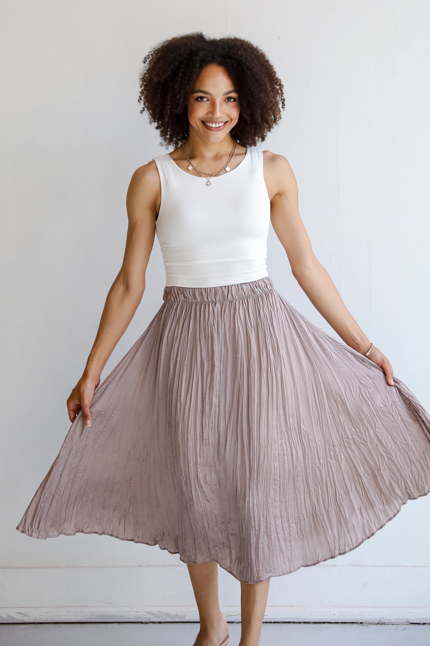 Taupe Satin Midi Skirt