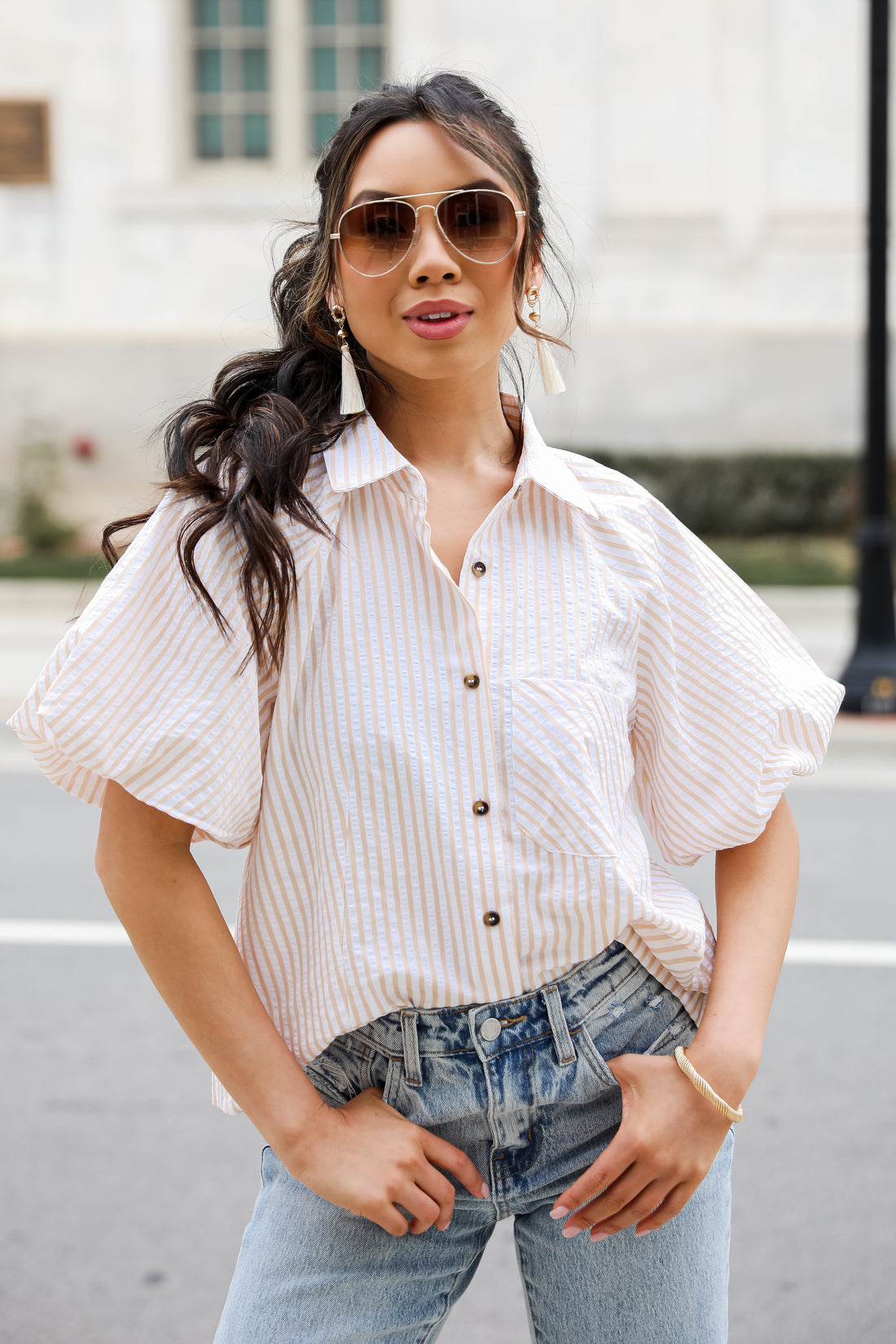 Taupe Seersucker Blouse