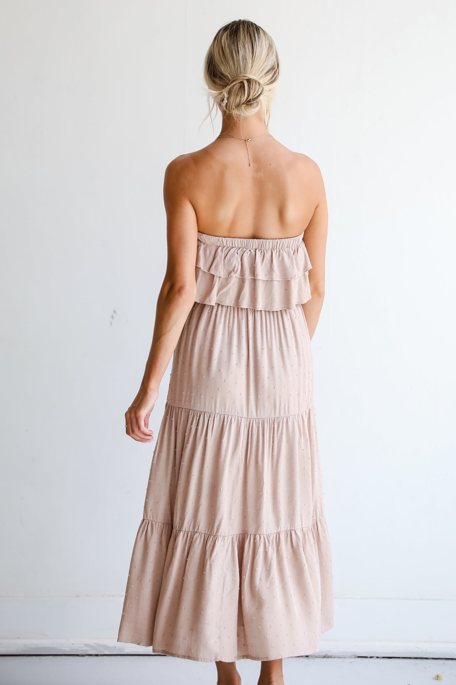 Taupe Tiered Strapless Midi Dress