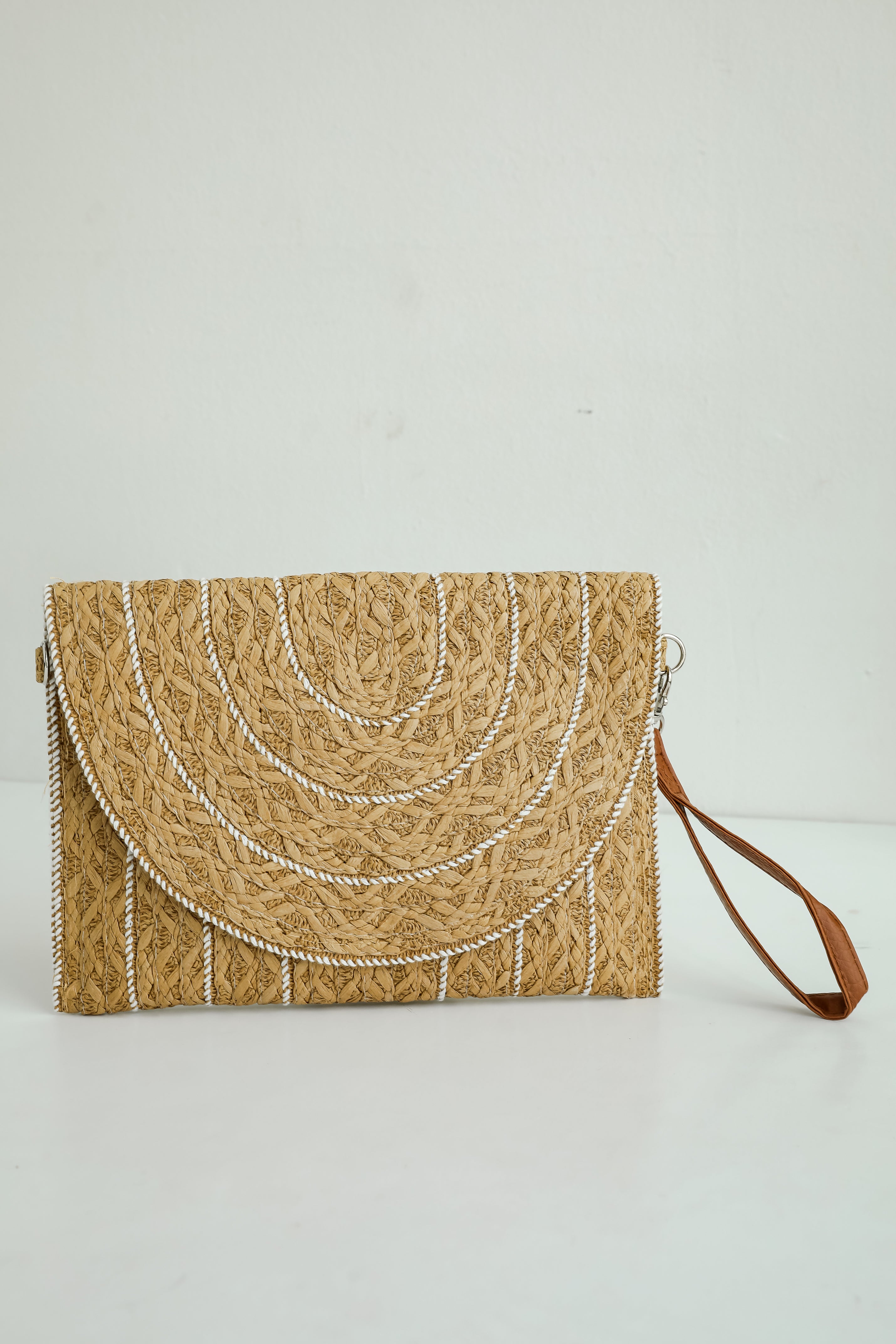 World Traveler Taupe Straw Clutch