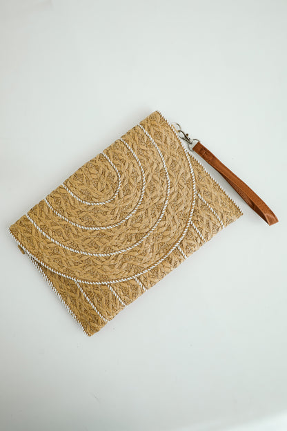 World Traveler Taupe Straw Clutch