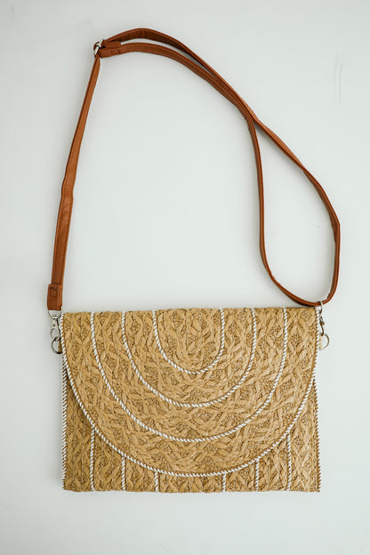 World Traveler Taupe Straw Clutch