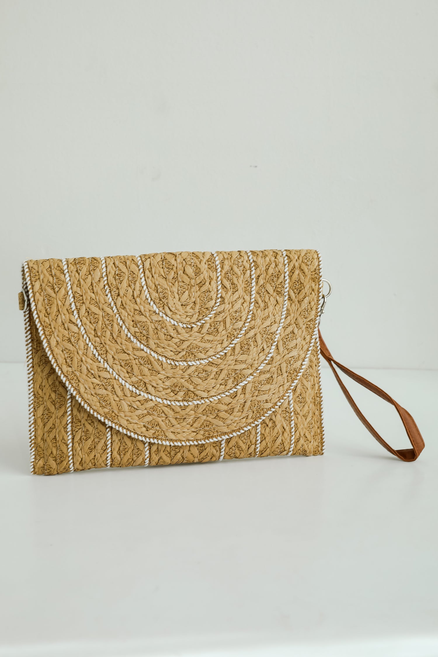 World Traveler Taupe Straw Clutch