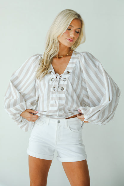 Impressively Sweet Taupe Striped Blouse