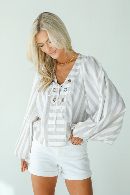 Impressively Sweet Taupe Striped Blouse