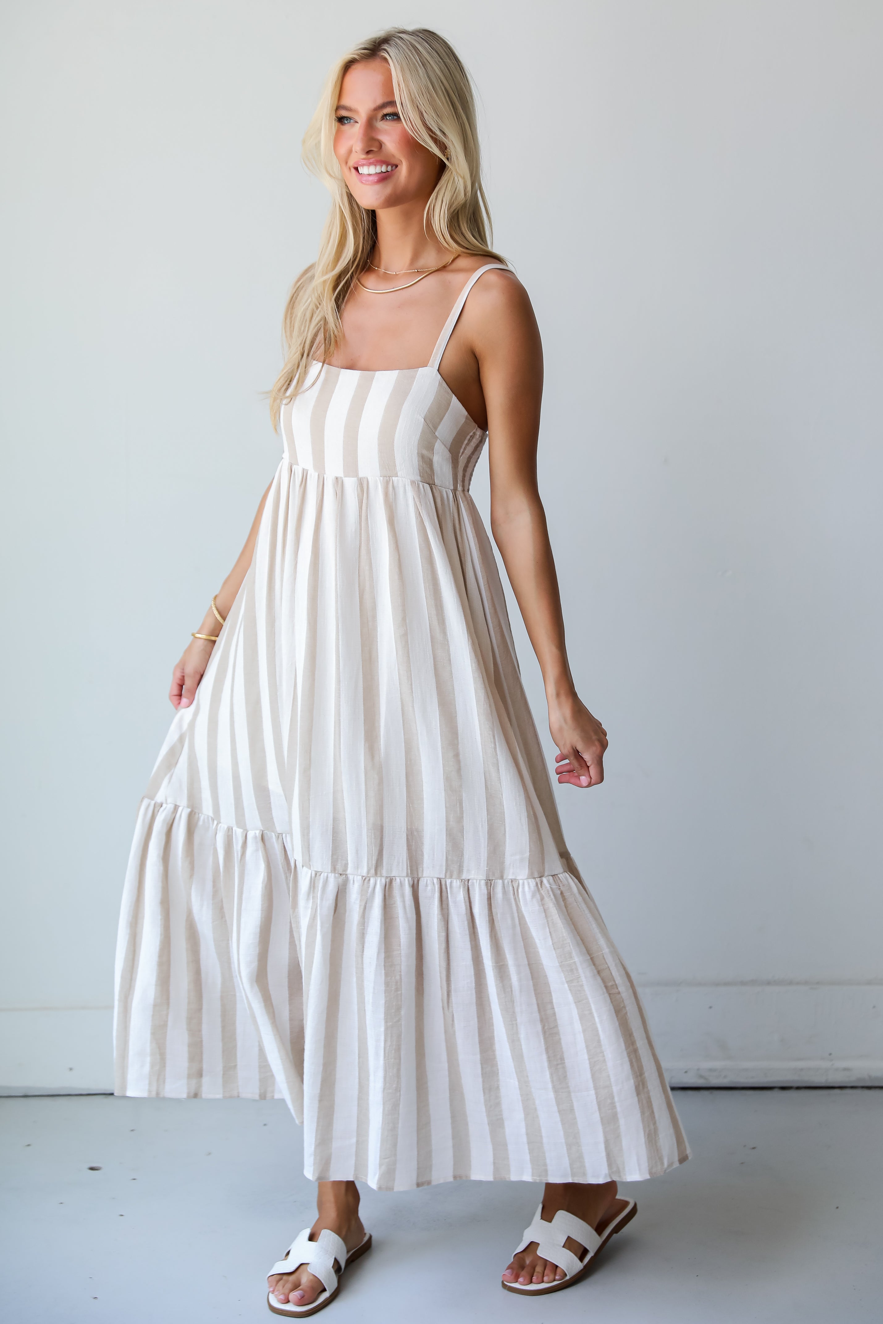 Effective Charm Taupe Striped Maxi Dress