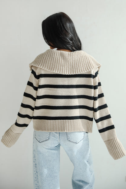 Coziest Cuddles Beige Striped Collared Sweater