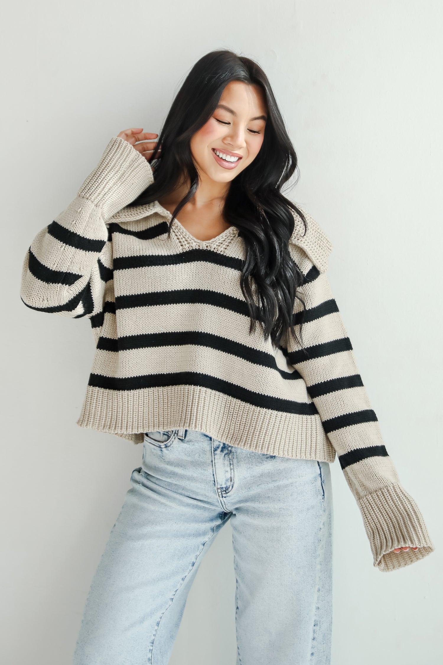 Coziest Cuddles Beige Striped Collared Sweater