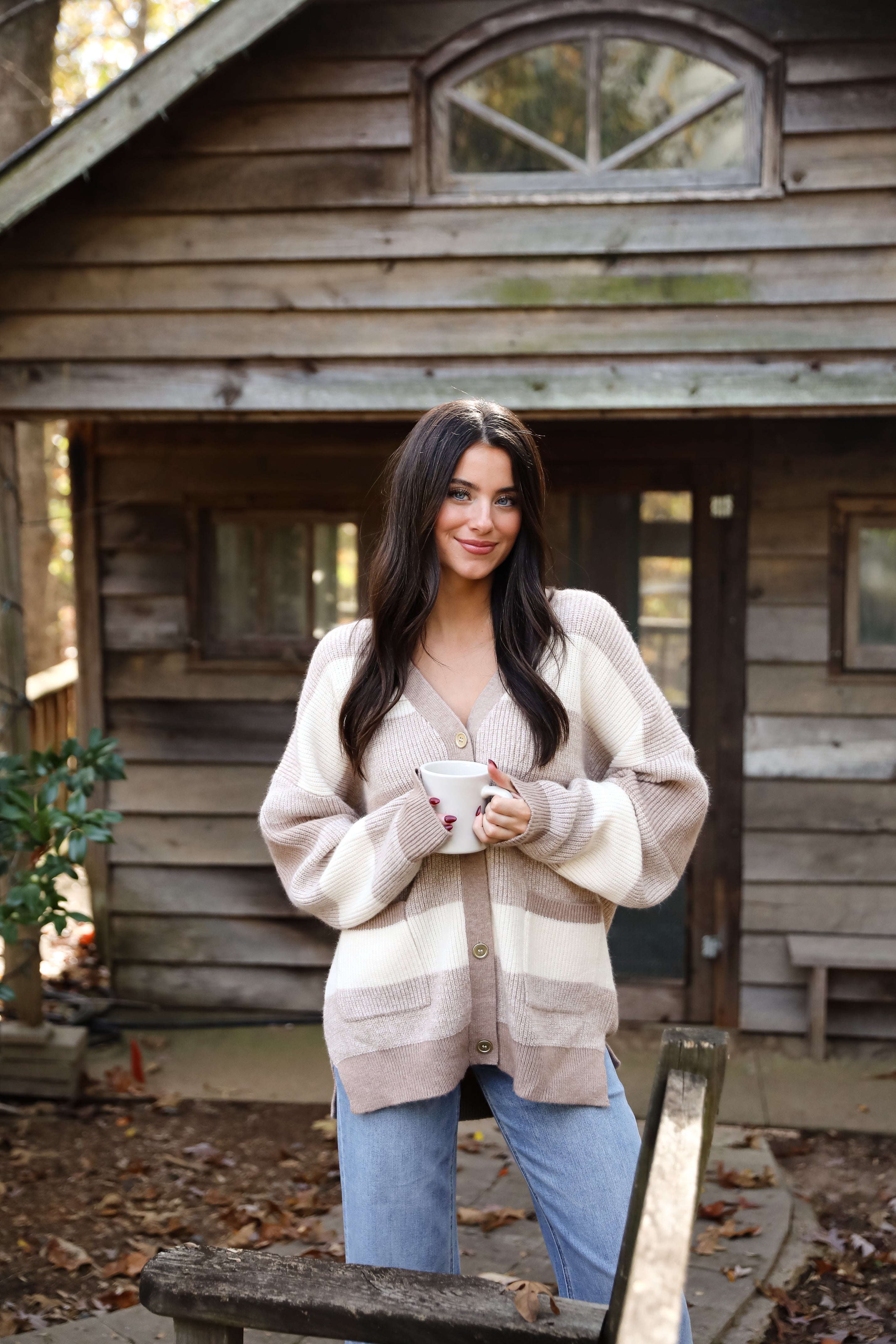 Curated Season Taupe Striped Sweater Cardigan