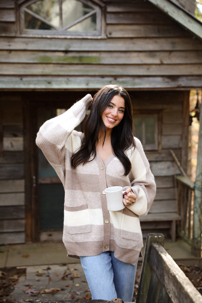 Curated Season Taupe Striped Sweater Cardigan