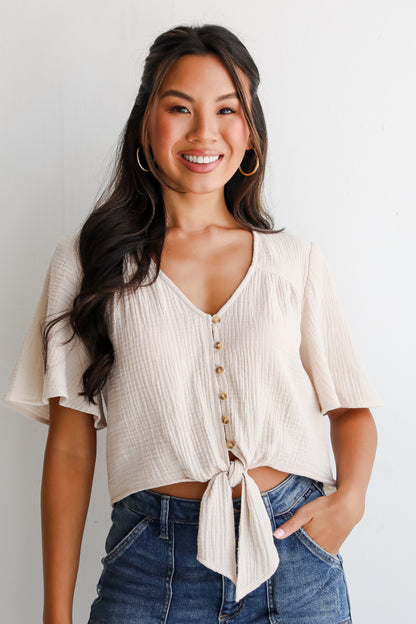 Considerably Cute Natural Linen Tie-Front Blouse