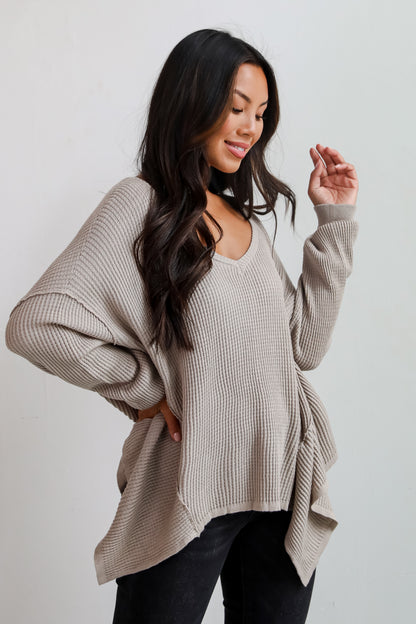 Sweetest Composure Taupe Oversized Waffle Knit Top