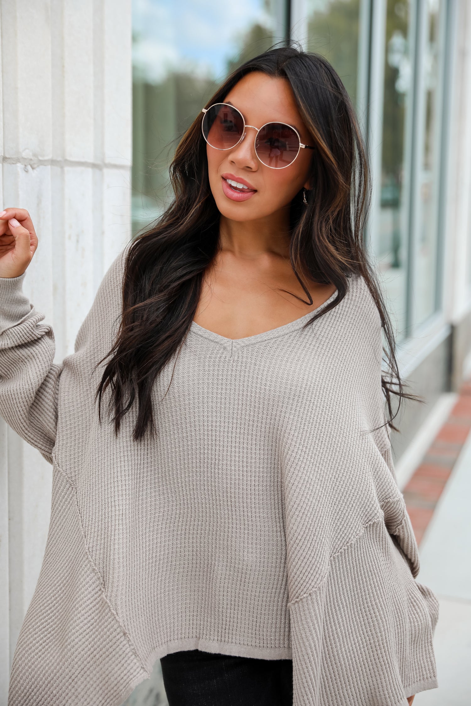 Sweetest Composure Taupe Oversized Waffle Knit Top