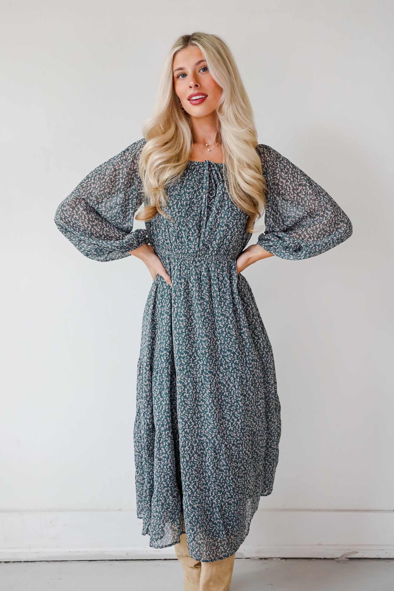 Endlessly Darling Teal Floral Midi Dress