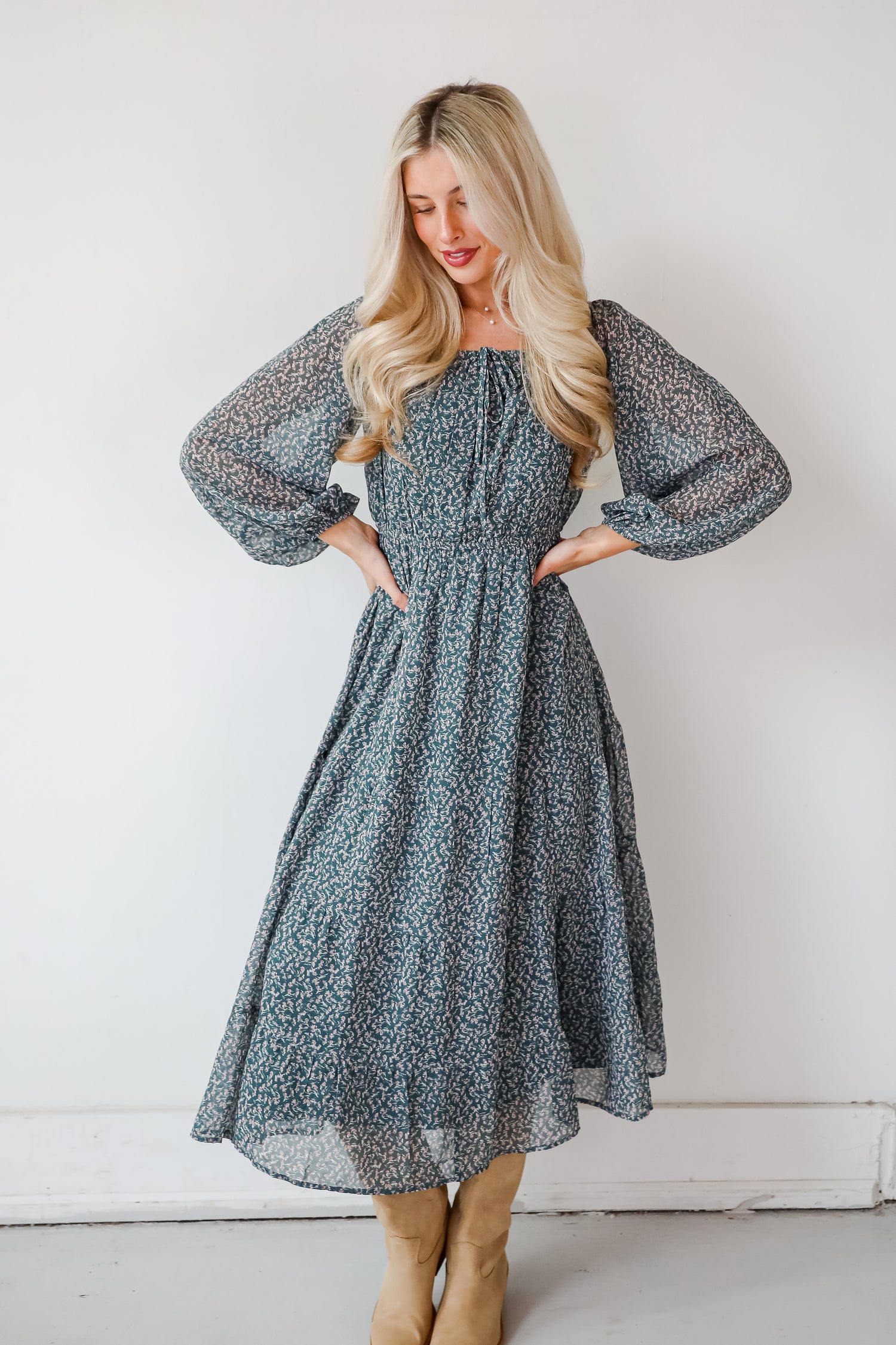 Endlessly Darling Teal Floral Midi Dress