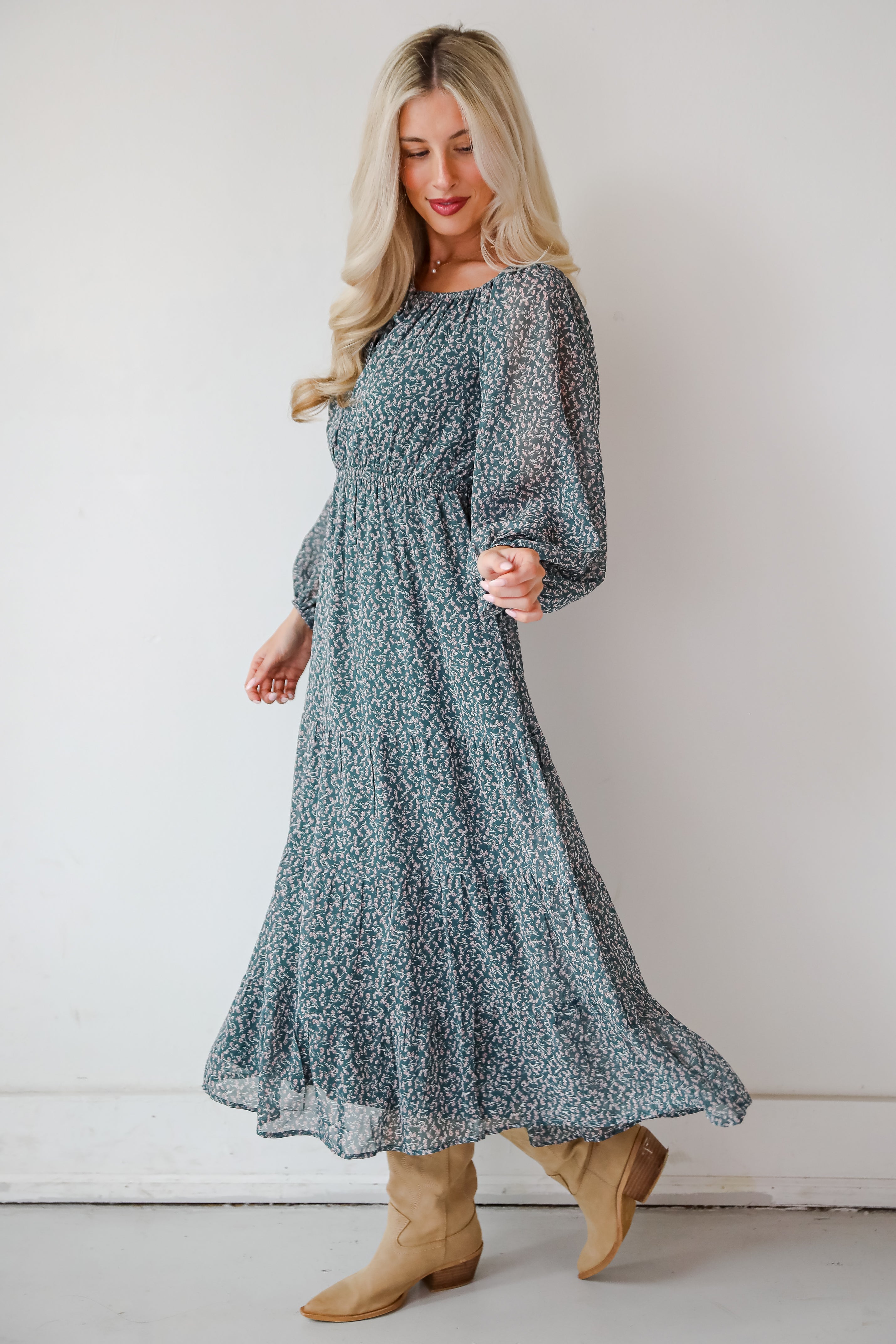 Endlessly Darling Teal Floral Midi Dress